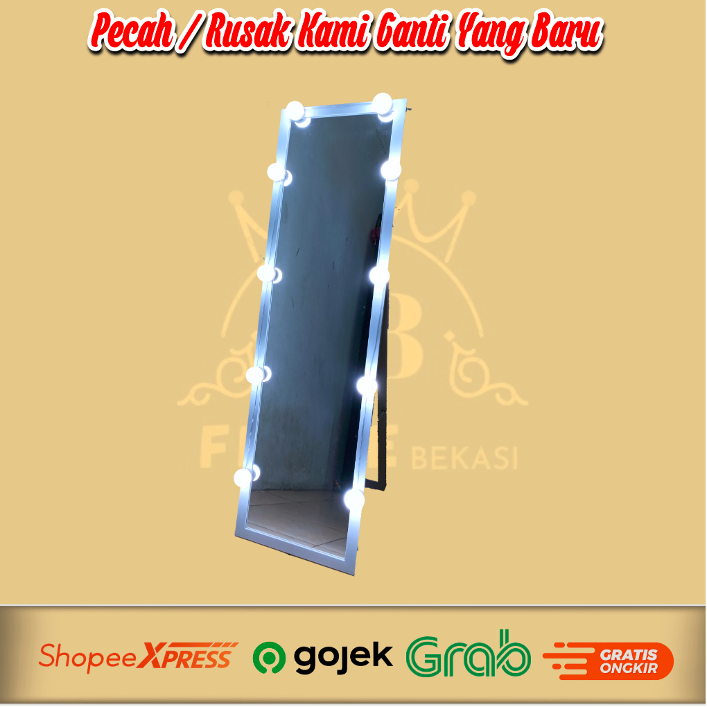 Standing Mirror + Lampu Vinity / Lampu Rias 12v Ukuran 35 x 127 Cm Full Body