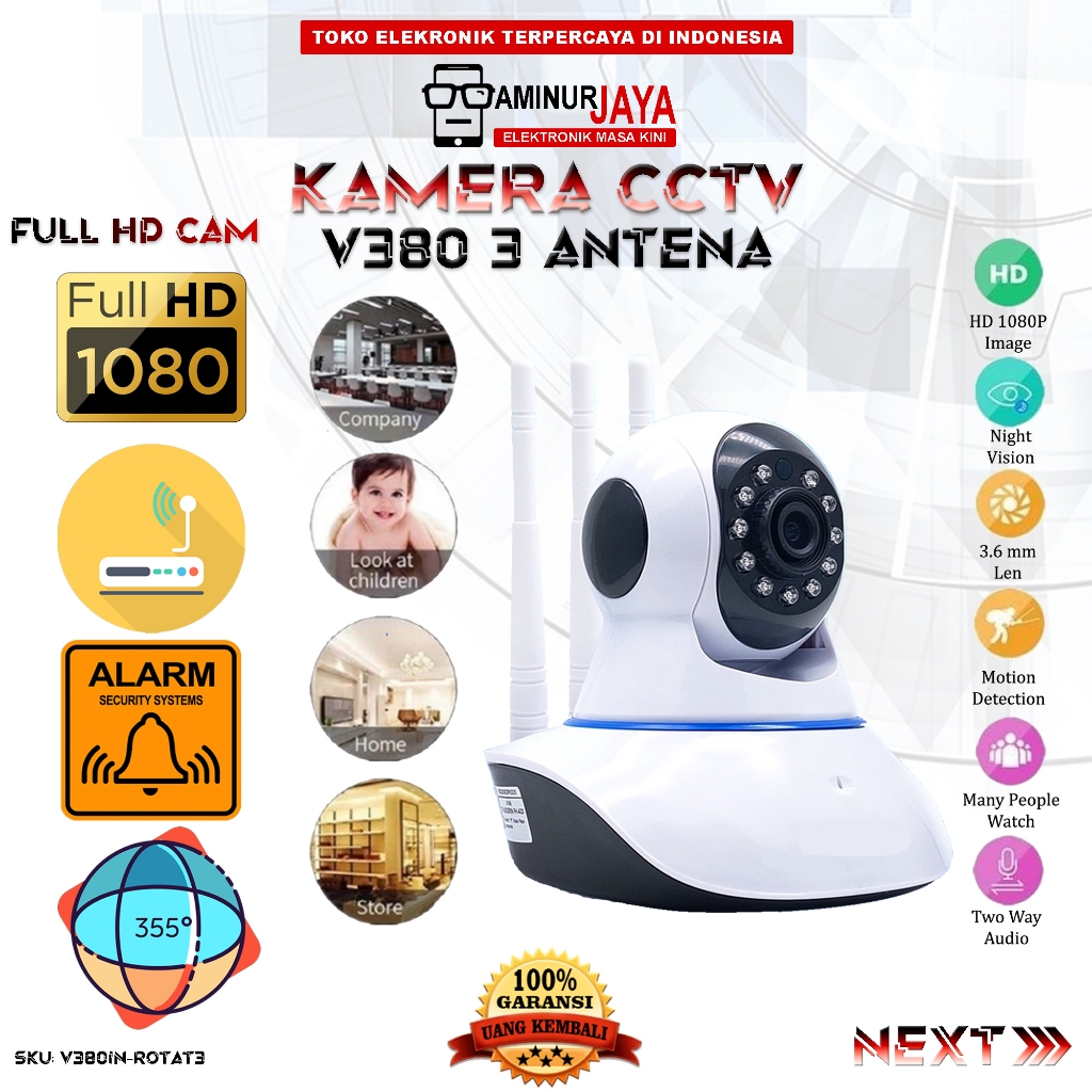 Ip Camera CCTV HD Wireless 3 Antena 1080P Kamera Kemanan Rumah WIFI Kontrol Jarak Jauh Aplikasi V380