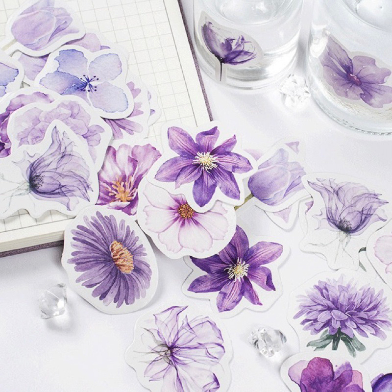 (READY) 46PCS PURPLE FLOWER STICKER BOX SET | deco estetik aesthetic stiker tempel bunga jepang japa