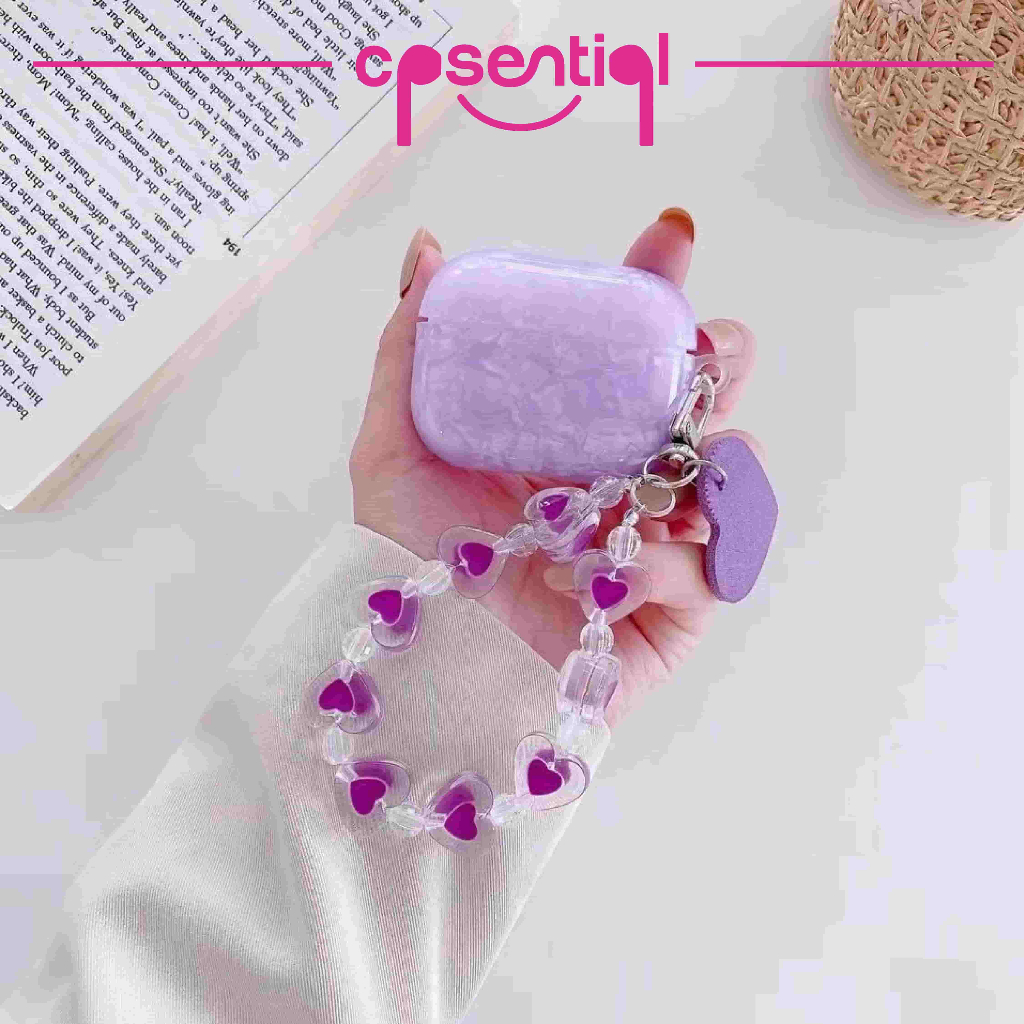 COD Case Airpods Gen 1/2 Gen 3 Pro Inpods 12 i12 Crystal Warna Ungu  Dengan Gantungan Kunci Model Mutiara Kerang / Shell | Leather Acrilic Motif Warna Ungu Protection Case | Casing Premium Soft case | Silicone Casing Premium Case