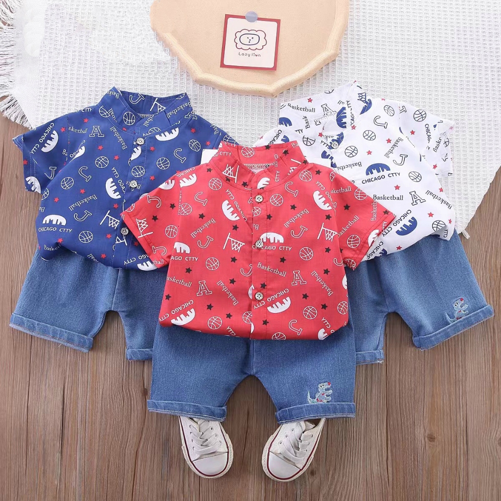 baju anak laki laki import setelan baju anak cowok Setelan Kemeja Bayi Laki laki Setelan Anak Laki Laki Lengan Pendek celana softdenim baju baby boy