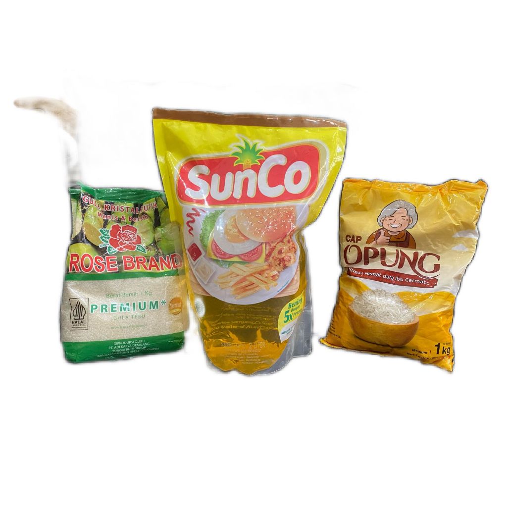 

paket sembako ( Minyak Goreng Sunco 2L + Gula Rose Brand 1Kg + beras opung 1Kg)