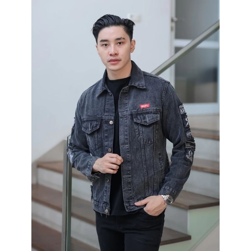 Rocafela Jaket Denim Pria Dewasa Sobek Korea Jeans