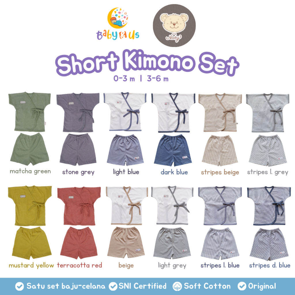 Kimono Pendek Set Nary Baby - Set Kimono Bayi Lengan Pendek Celana Pendek Bahan Kaos 0-3 3-6 bulan