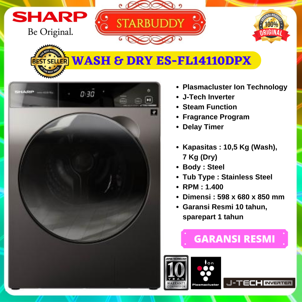 MESIN CUCI SHARP ES-FL1410DPX, ESFL1410 WASH & DRY 100% K-PRO SERIES