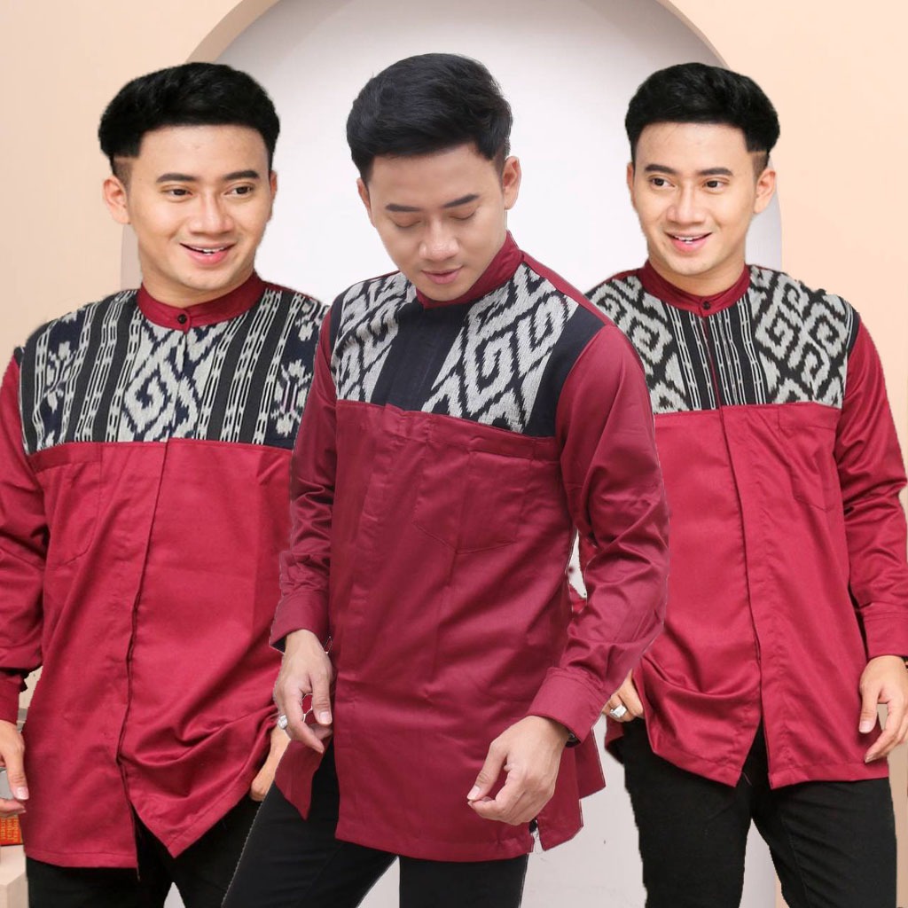 KEMEJA KOKO LENGAN PANJANG MAROON KOMBINASI TENUN // KEMEJA CASUAL LENGAN PANJANG //KEMEJA KERJA KAN