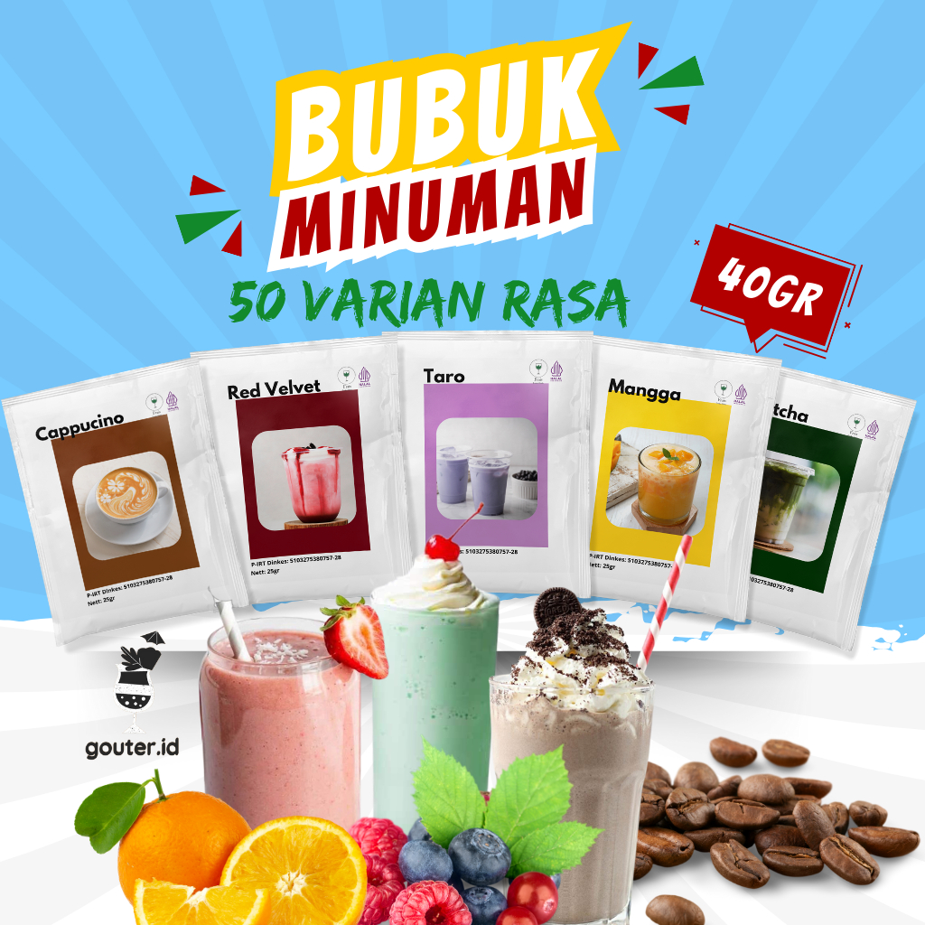 

BUBUK MINUMAN RASA 40GR / SERBUK MINUMAN ANEKA RASA / BUBUK MINUMAN KEKINIAN / MINUMAN INSTAN / BOBA