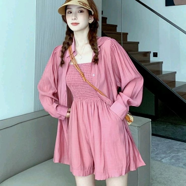 5845 Set2PCS Setelan ONESET baju atasan kemeja outer set tanktop romper jumpsuit smock karet Korea K