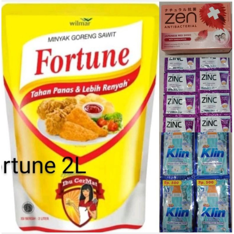 

minyak goreng fortune 2L (free sabun Zen+1 renteng soklin liquid+1 renteng shampoo zinc)