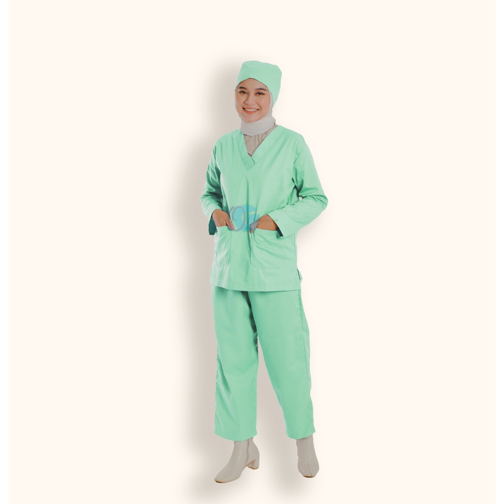 Baju oka ok dinas malam perawat medis lengan panjang warna hijau mint