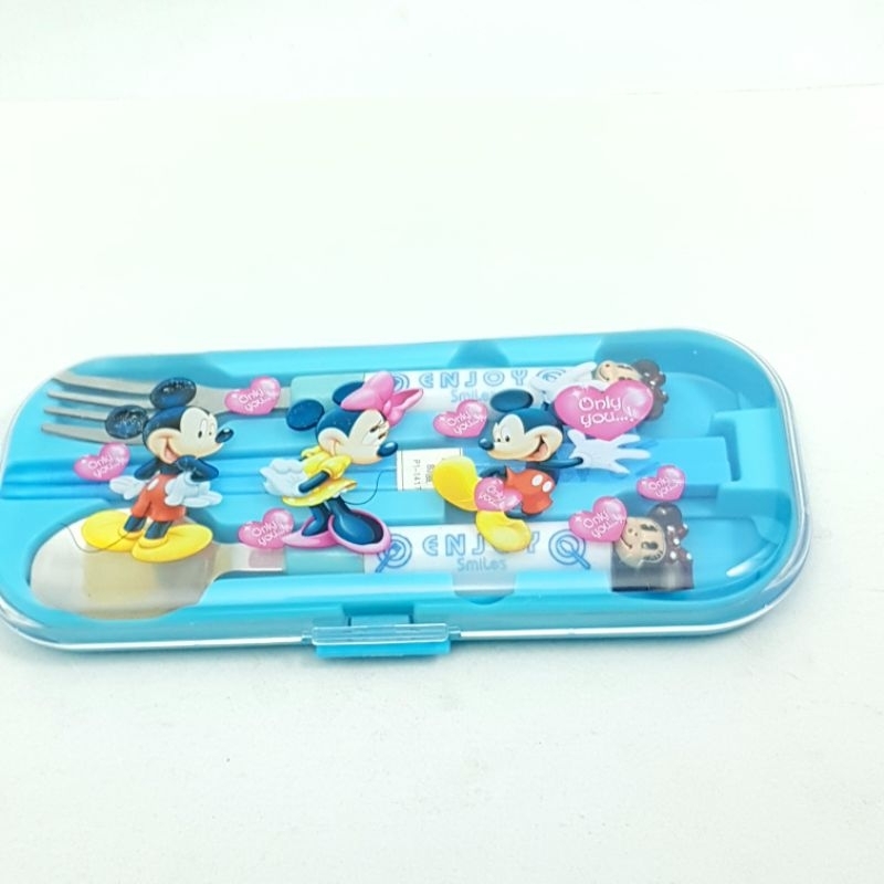 Sendok Set Anak Stainless Steel / Alat Makan Sendok Garpu Sumpit Karakter Kepala Mickey Mouse