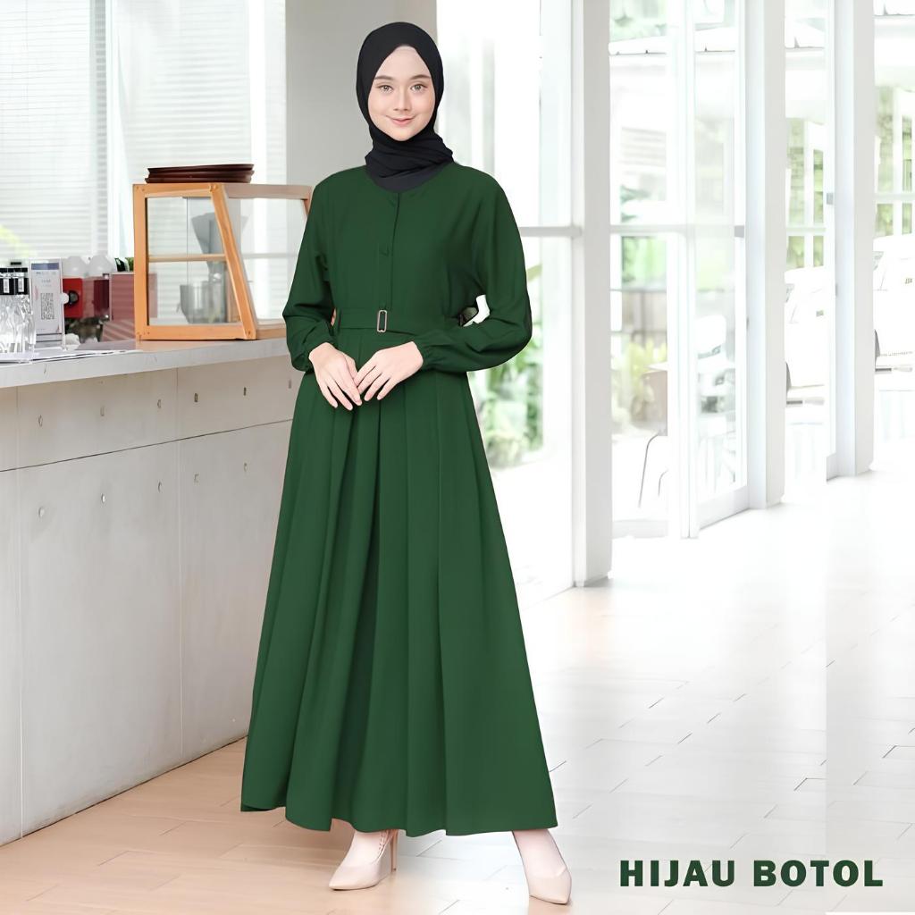 Gamis Hitam Polos Free Belt Dress Remaja Kekinian Maxi Busui Syar'i Daily-Hijau Botol
