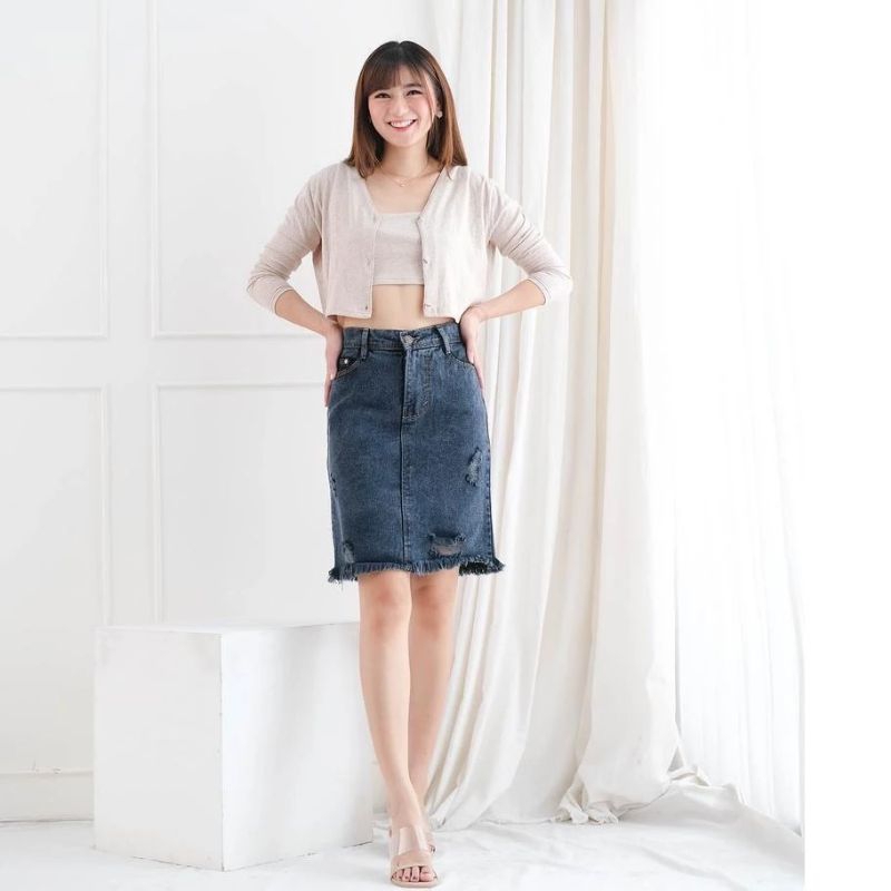 RokJeansMurah - HIGHWAIST ROK JEANS SPAN RIPPED RAWIS