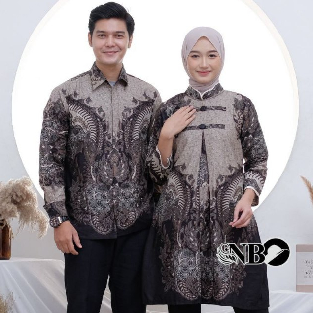 Baju Batik Couple Cheongsam Style Tunik Kemeja Sarimbit Lengan Panjang Motif Hitam M-XXXL Jumbo