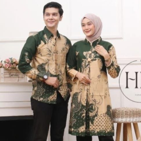 Baju Batik Couple Hiaju Lumut Style Tunik Kemeja Sarimbit Lengan Panjang Motif Sekar M-XXXL Jumbo