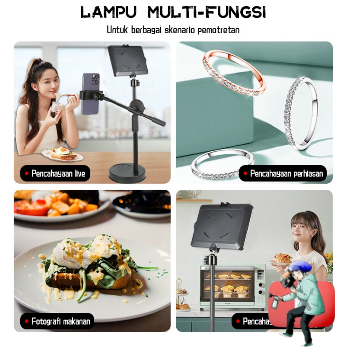 KV Overhead Phone Stand + Led Lampu Stand Holder Phone Holder Bracket 360° Lampu Fotografi