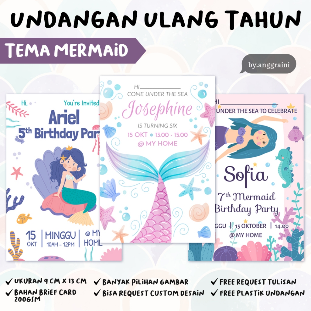Undangan Ulang Tahun - Mermaid Putri Duyung Custom - Birthday Invitation - Undangan Ultah Anak