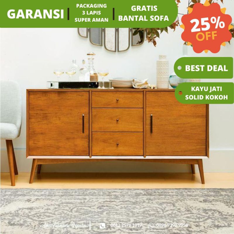 BUFET RETRO KABINET KAYU JATI SOLID MURAH, ALMARI BUFET TV KAYU JATI SOLID