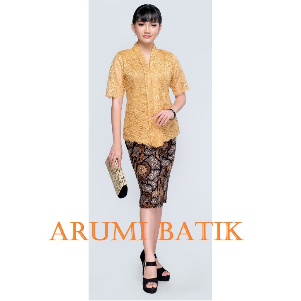Setelan Set Blouse Rok Seragam Batik Wanita Brokat Kebaya 3258 Kuning Gold