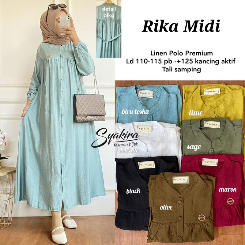 READY STOK RIKA MIDI LIORA MIDI SYAKIRA PREMIUM LINEN POLO LD 110-115 PB 125 ALLSIZE