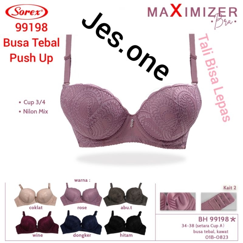 SOREX 99198 Bra BH Push Up Busa Tebal Berkawat Kait 2 Cup A Brokat sz 34 - 38