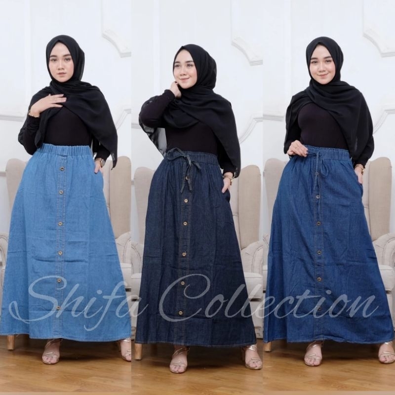 Rok Jeans / Rok Panjang / Rok Jeans Panjang / Rok Jeans Wanita Model A Kancing (BB 50-65 Kg / All Si