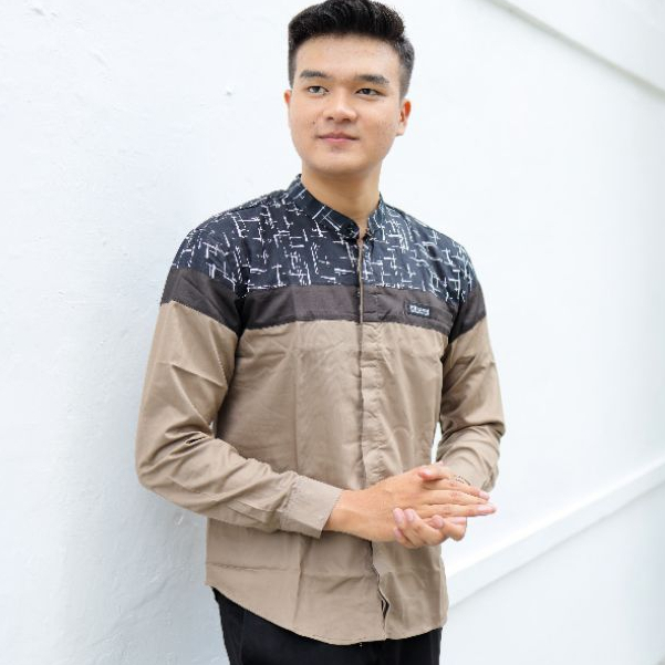 ELRUMI_ID Baju Koko Pria Lengan Panjang Motif Senopati Abu Batik Hitam Toyobo