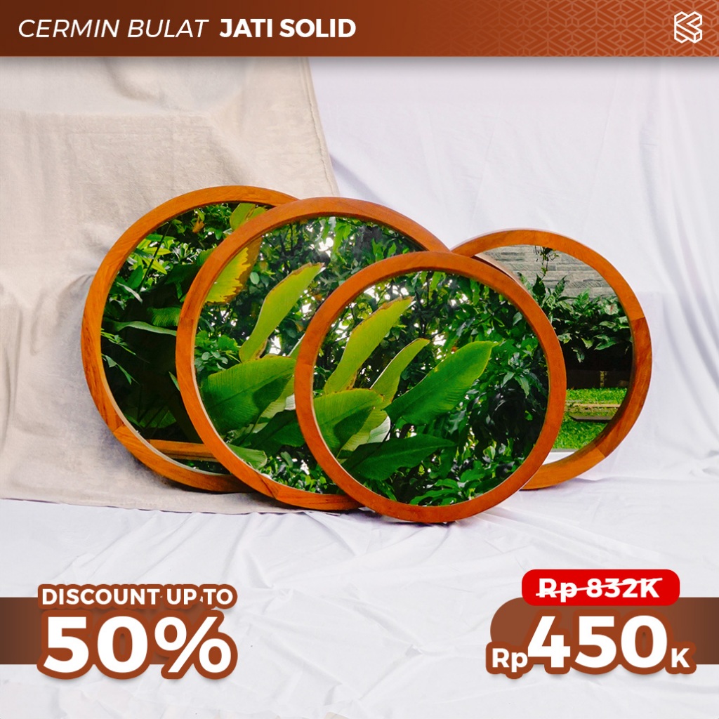 Cermin Dinding Bulat Aesthetic // Cermin Dinding Bulat Kayu Jati Solid