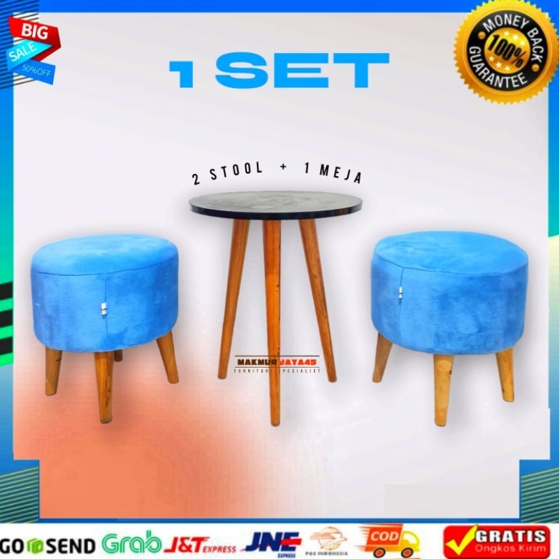 1 SET - 2 SOFA STOOL BULAT + 1 MEJA / BULAT MINIMALIS BAHAN BULUDRU