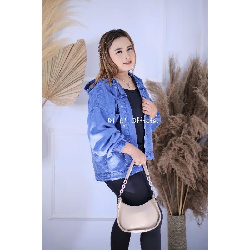 RI-EL Jaket Jeans Hoodie Wanita Kekinian Oversize Jacket Denim Jumbo LD 130