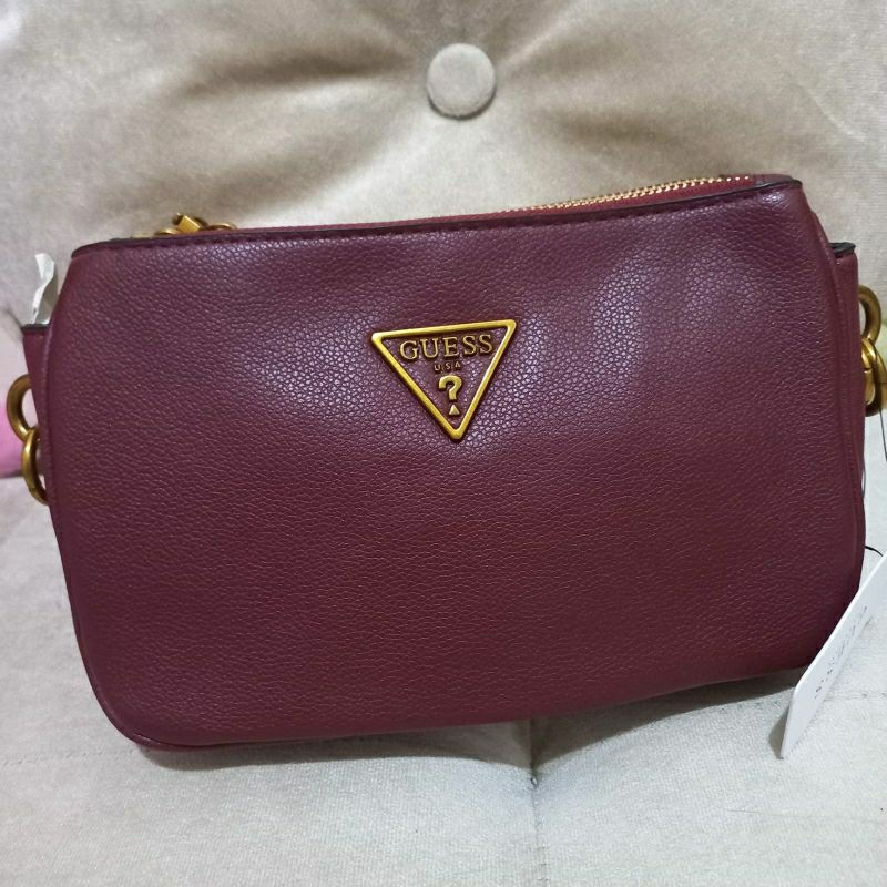 (SALE) Guess Destiny Double Zipper Tas Merah Cognag 3 Ruang Tali Rantai Kulit Panjang