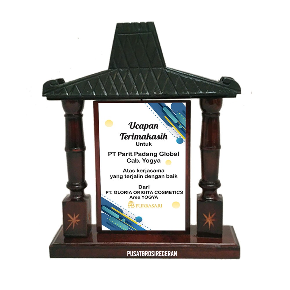 Custom Vandel Rumah Joglo KKN Magang Pembicara Kayu Asli Plakat Piagam Suvenir Wisuda Wedding Magang