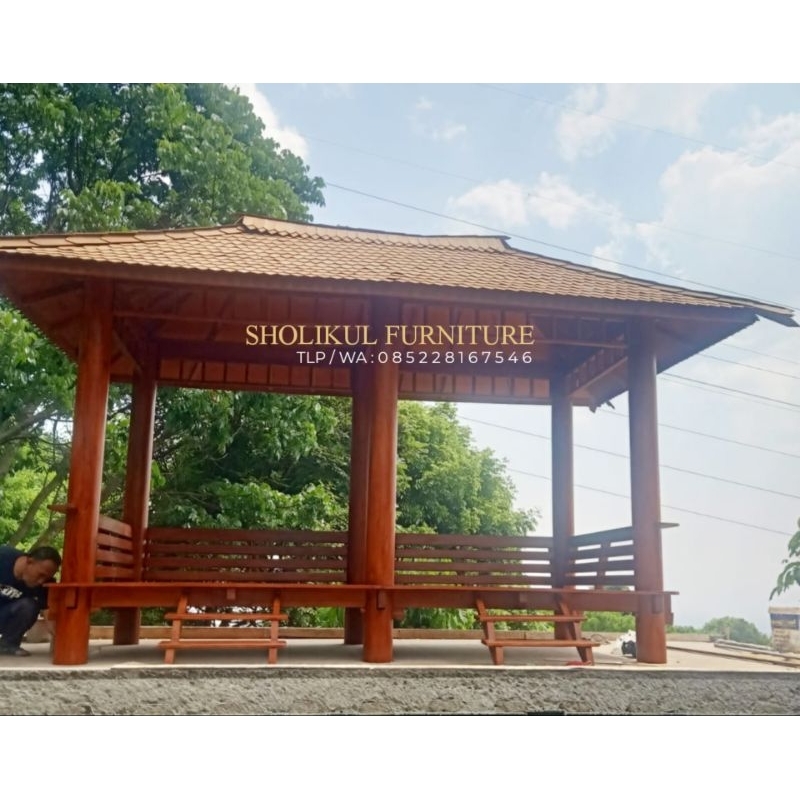 GAZEBO TAMAN 4M X 2M KAYU MAHONI ATAP SIRAP KAYU ULIN