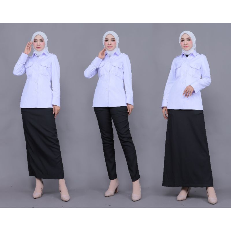SERAGAM HITAM PUTIH KANTONG DUA ATAS KRAH KEMEJA ATASAN / SET ROK A HITAM  / SET CELANA PANJANG HITA