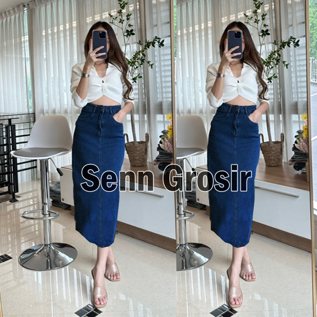 Rok Span Jeans Kancing 2 High Waist Panjang | Rok Jeans Span Panjang Wanita | Rok Jeans Highwaist 7/