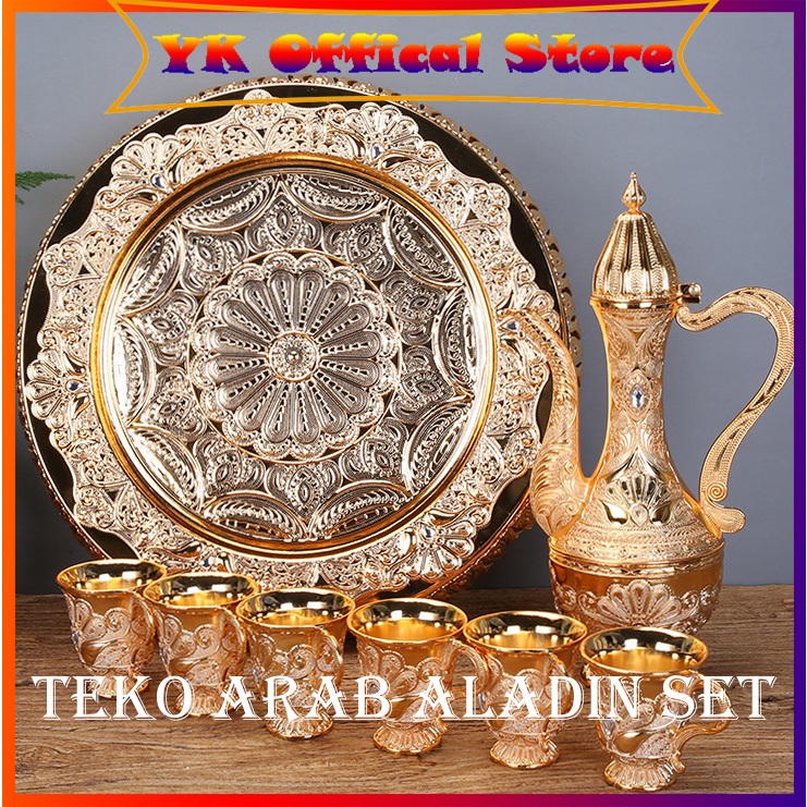 Set Teko Arab Aladin Warna Emas 8 Pcs dengan Gelas dan Nampan Logam