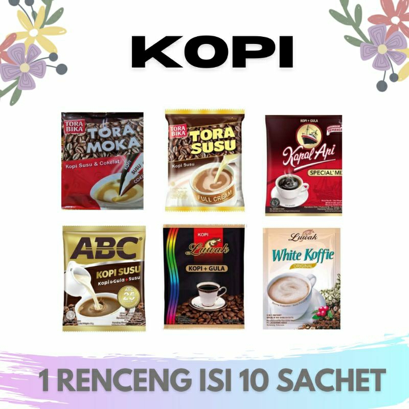 

Kopi 1 renceng isi 10 sachet Tora bika, Luwak, kapal api, Abc