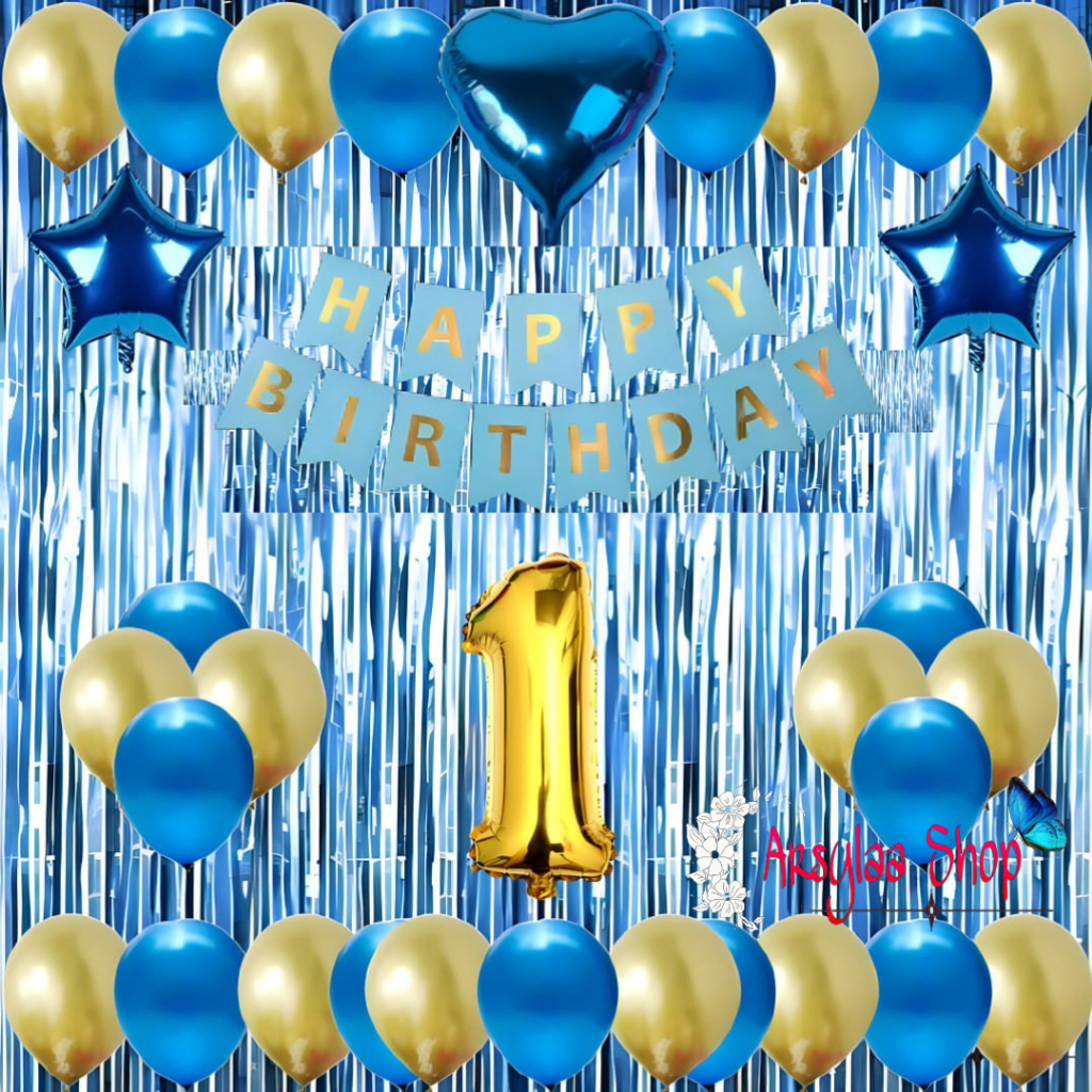 Paket Dekorasi Ulang Tahun Anak Dan Dewasa Cewek Cowok Banner Segilima Biru Balon Metalik Gold Mix
