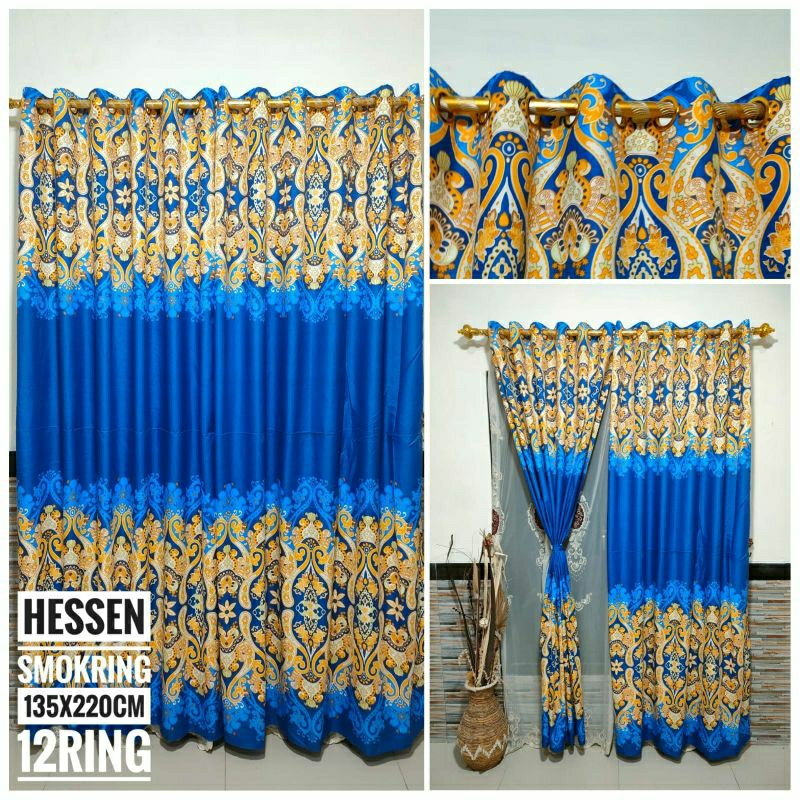 terlaris  gorden smokering 12 motif bunga batik biru / korden jumbo pintu / gorden smoke ring blue h