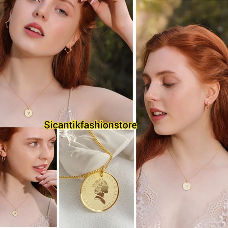 Kalung Rantai Titanium Wanita Liontin Elizabeth Fashion Wanita Terbaru Terlaris Anti Karat Tidak Lun