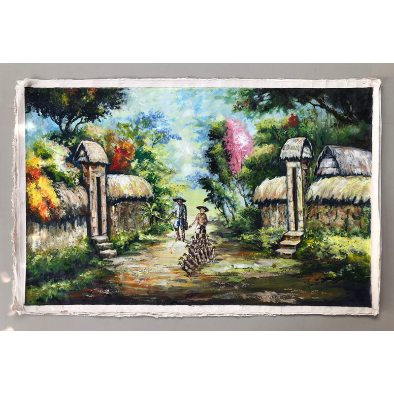 Lukisan Pemandangan Kampung Bali, Ukuran 135 x 85 cm, Lukisan Kanvas, Hiasan Dinding, 100% Buatan Ta