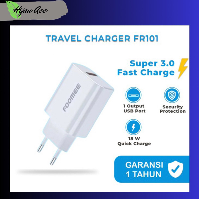 [Hijau] Travel Charger /Kelapa charger/ kepala casan 18W QC 3.0 Foomee