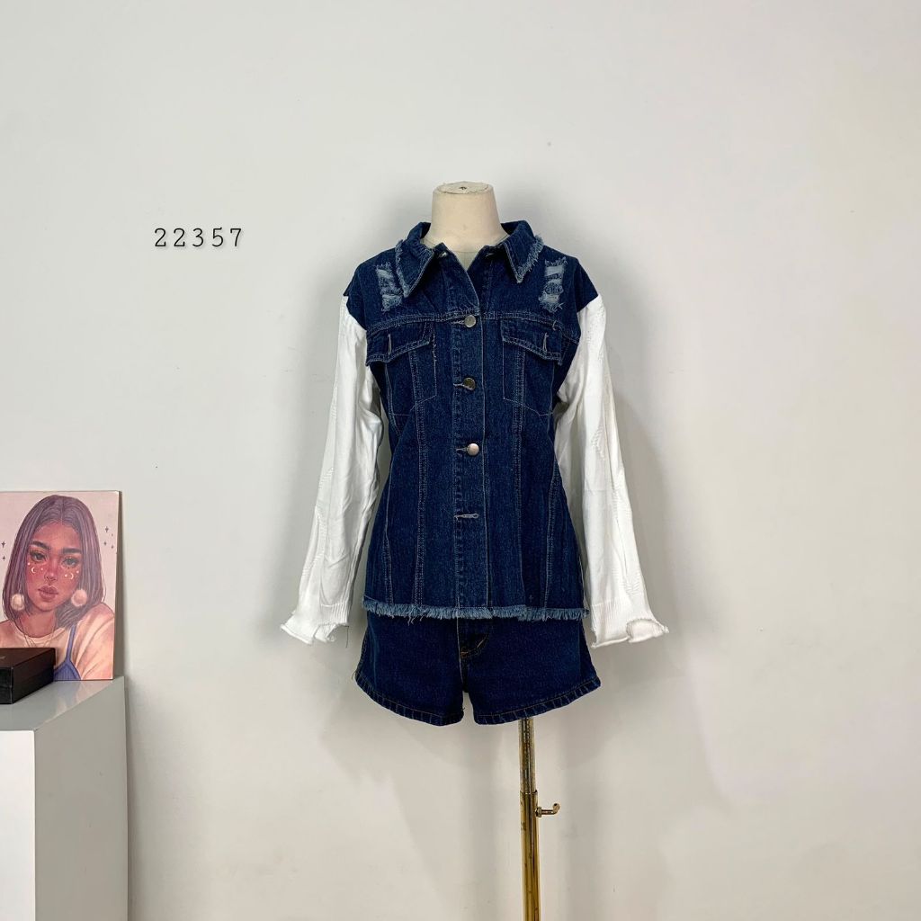 OUTER JAKET JEANS MIX KNIT RIPPED VARIASI MODEL RAWIS SOBEK BAHU TANGAN RAJUT PANJANG PREMIUM JAKET 