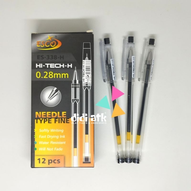 

Pulpen Hitech Esco ES-338-H 0.28mm Warna Tinta Hitam 1 Pak isi 12 Pcs