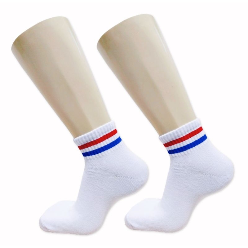 kaos kaki oldschool pendek / kaos kaki motif ( putih strip merah biru pendek)