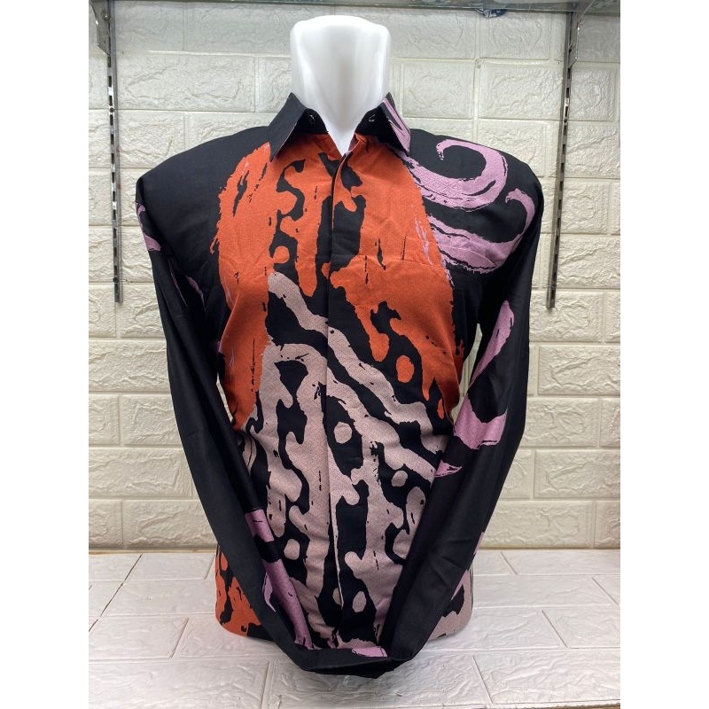 KEMEJA BATIK PRIA Abstrak hitam orens