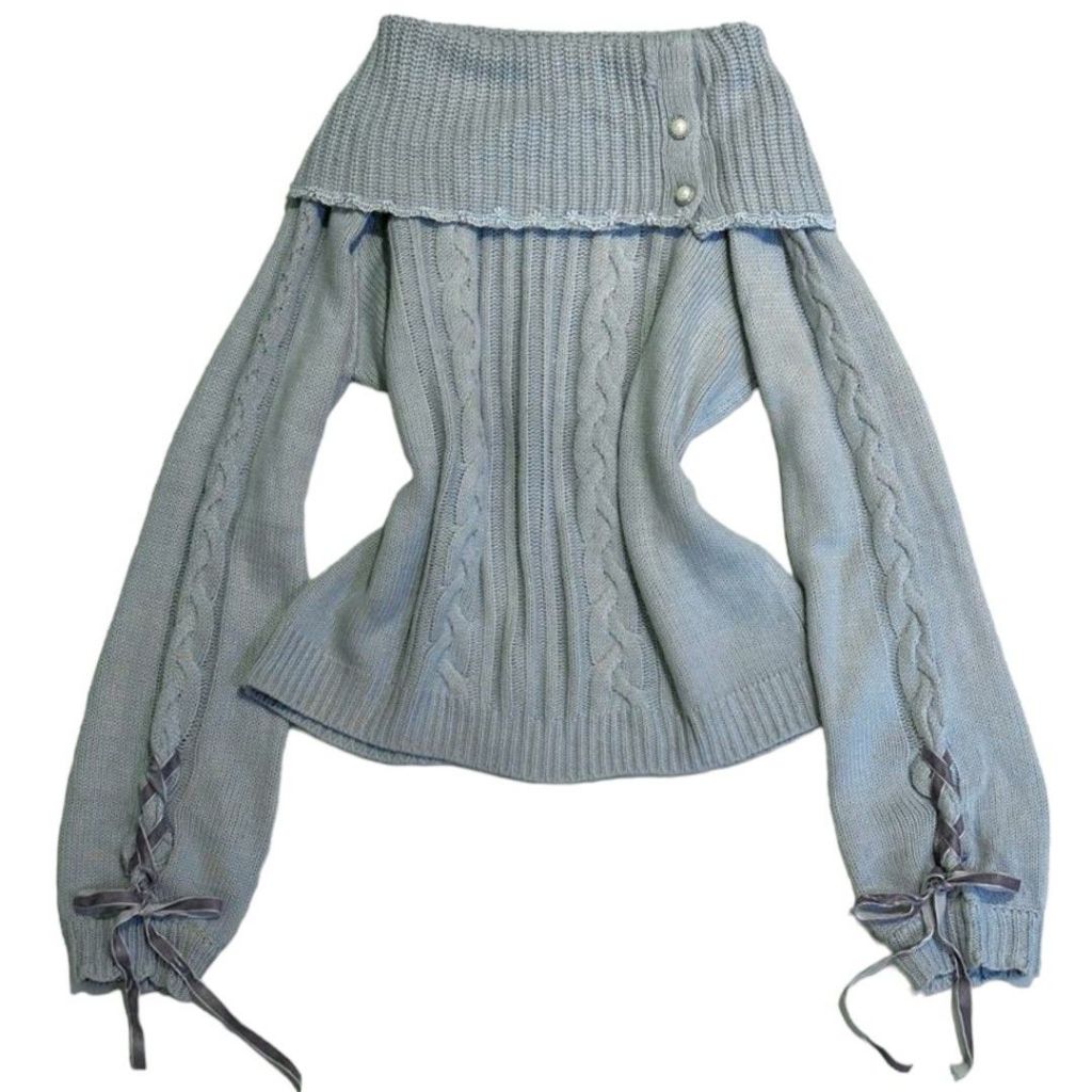 Axes Femme Off Shoulder Pearl Cable Knitted Baloon Sweater Top | Baby Blue Greyish Longsleeve Puffy 