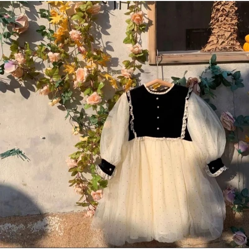 Gaun Casual Anak Perempuan Baru Baju Anak Anak Hitam Putih Smabungan List Renda