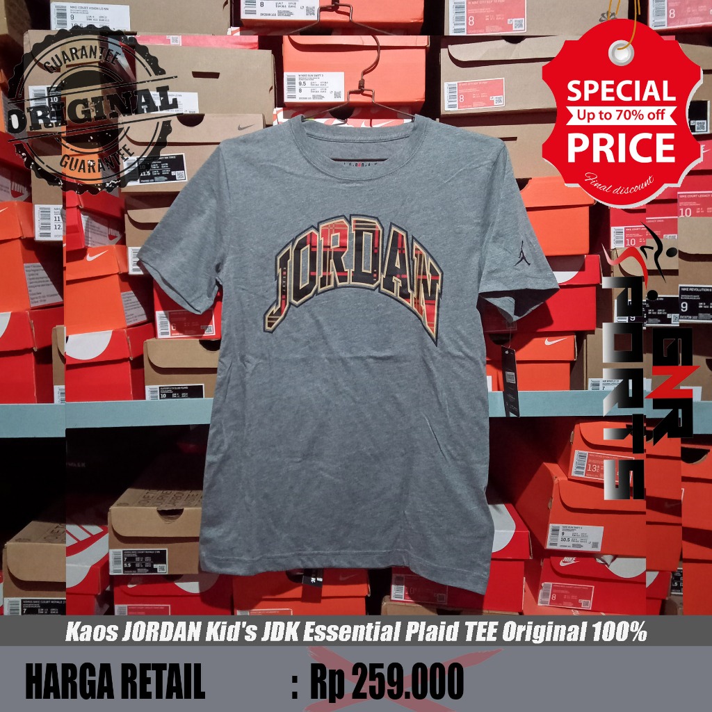 Kaos JORDAN Kid's JDK Essential Plaid Grey TEE Original 100%