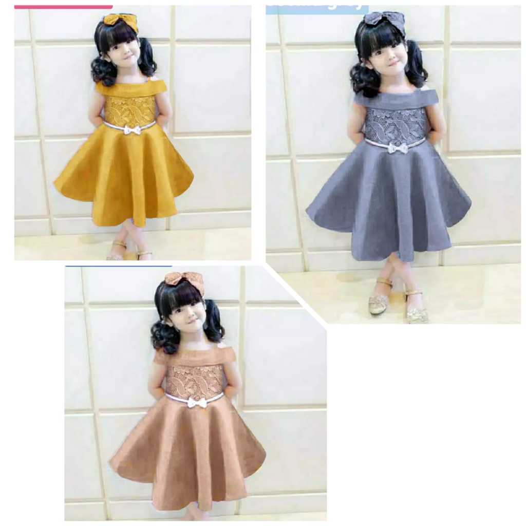 Baju Pesta Anak Perempuan Dress Leher Sabrina Lengan Pendek Gaun Balet Balerina Anak Cewek Polos Pin
